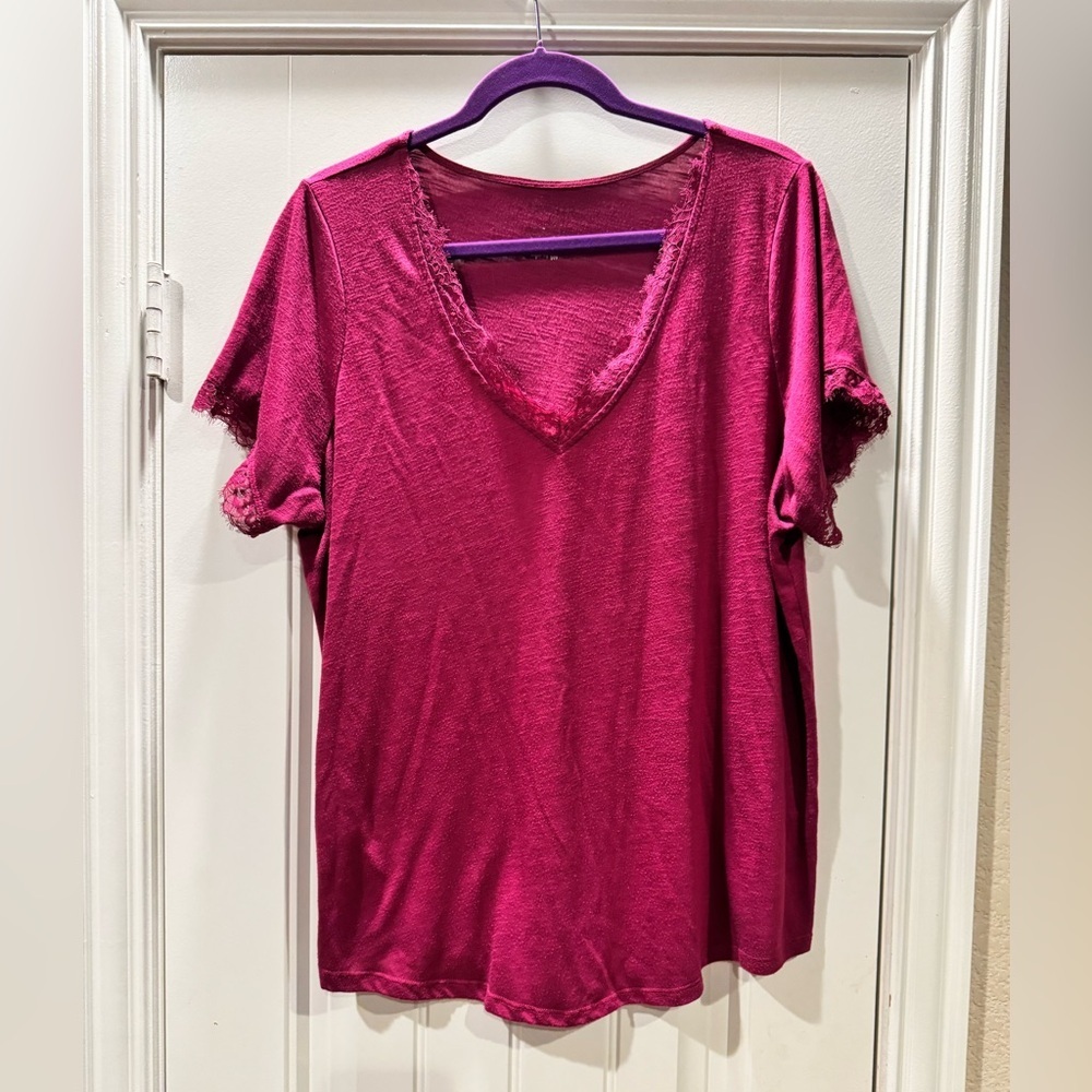 Torrid Fuchsia Lace-Trimmed V-Neck Tee